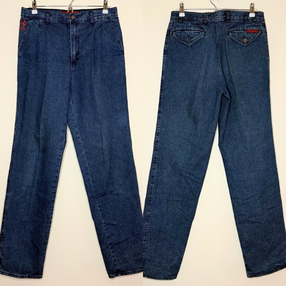 VINTAGE FERRARI Pleated Straight Leg Racing Embroidered Logo Rigid Denim Jeans